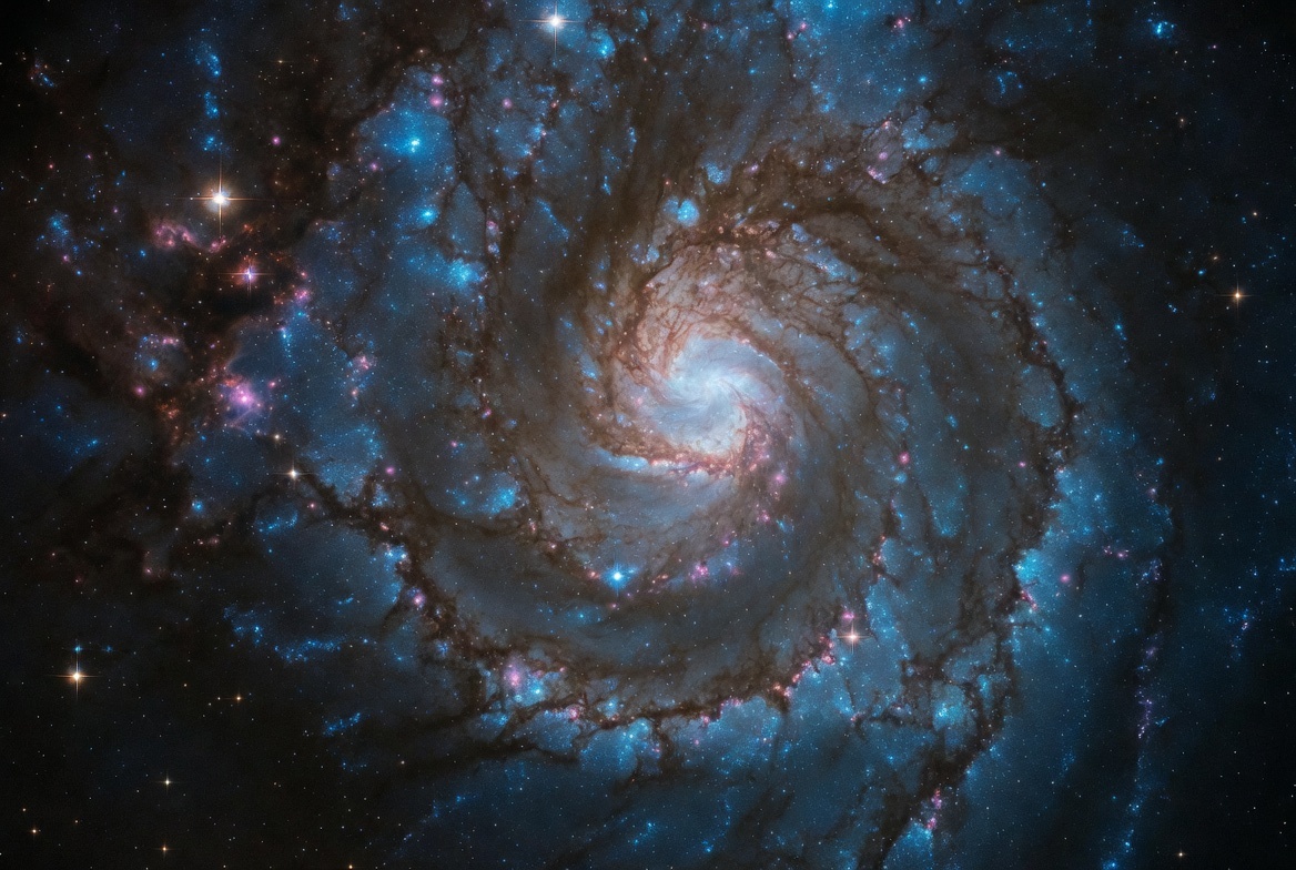 Face-on spiral galaxy toward the bright core — the physical cosmos at the scale our arguments engage